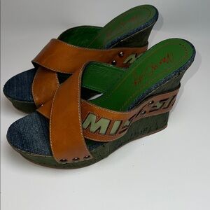 💖NEW VINTAGE MISS SIXTY WEDGES WITH BROWN LEATHER AND DENIM SIZE 38